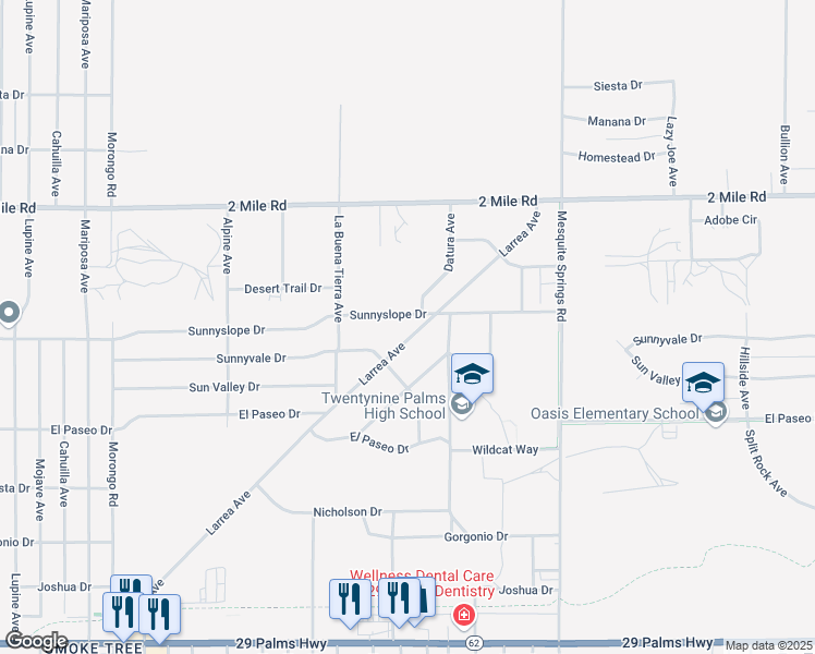 map of restaurants, bars, coffee shops, grocery stores, and more near 72646 Larrea Avenue in Twentynine Palms