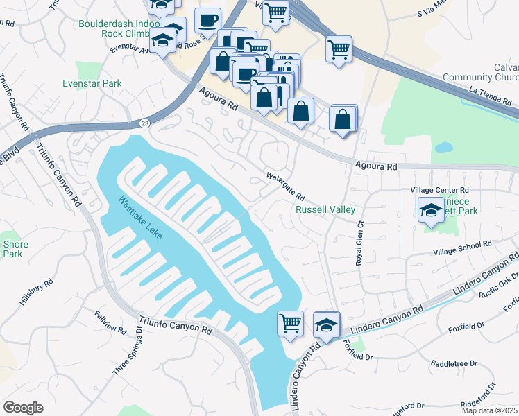 map of restaurants, bars, coffee shops, grocery stores, and more near 32149 Beachfront Lane in Westlake Village