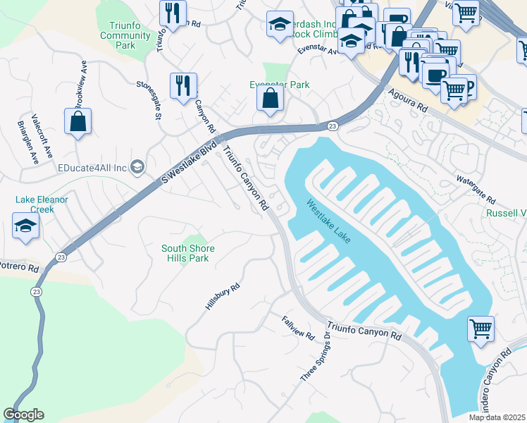 map of restaurants, bars, coffee shops, grocery stores, and more near 2263 Portola Lane in Westlake Village