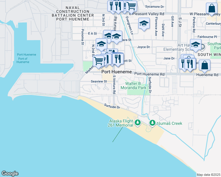 map of restaurants, bars, coffee shops, grocery stores, and more near 225 South Ventura Road in Port Hueneme