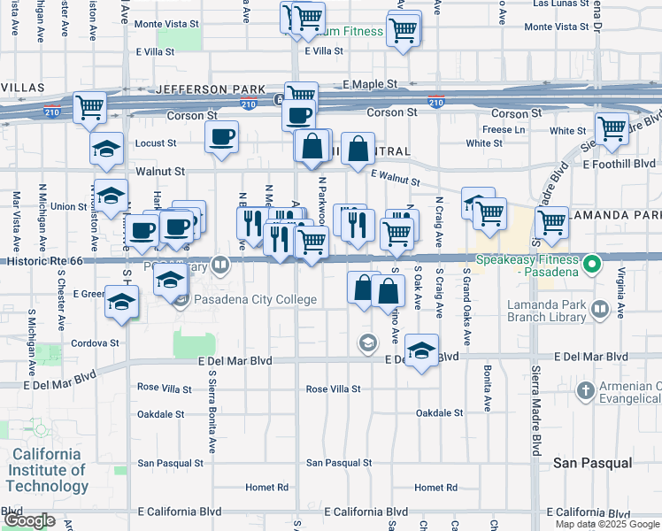 map of restaurants, bars, coffee shops, grocery stores, and more near 1890 East Colorado Boulevard in Pasadena