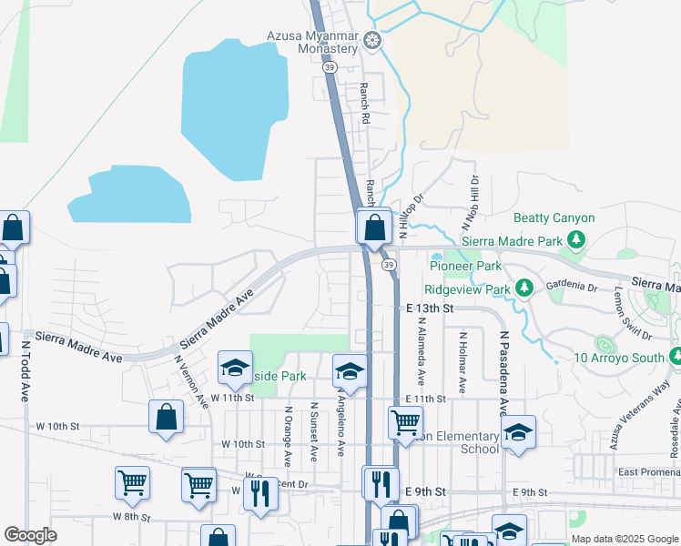 map of restaurants, bars, coffee shops, grocery stores, and more near 338 West Indian Dunes Lane in Azusa