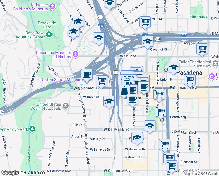 map of restaurants, bars, coffee shops, grocery stores, and more near 2 North Saint John Avenue in Pasadena