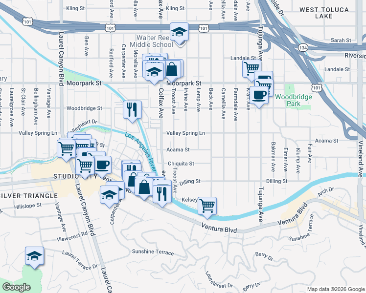 map of restaurants, bars, coffee shops, grocery stores, and more near 4217 Irvine Avenue in Los Angeles