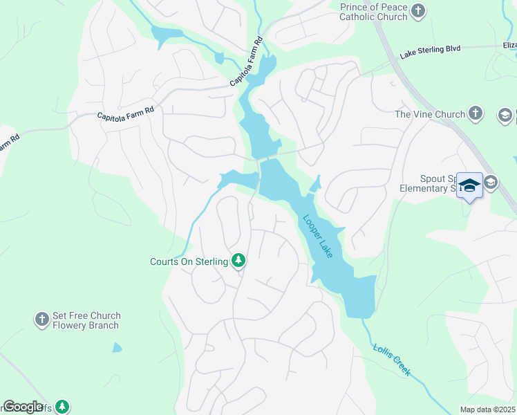 map of restaurants, bars, coffee shops, grocery stores, and more near 7109 Artisans Way in Flowery Branch