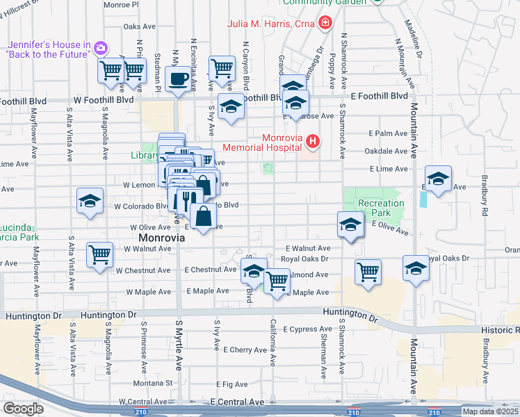 map of restaurants, bars, coffee shops, grocery stores, and more near 315 East Colorado Boulevard in Monrovia