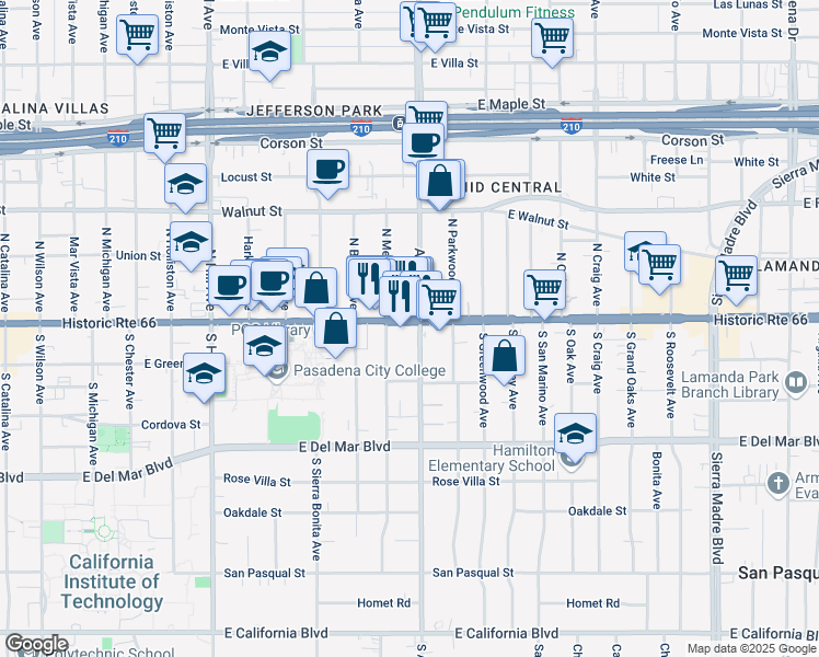 map of restaurants, bars, coffee shops, grocery stores, and more near in Pasadena
