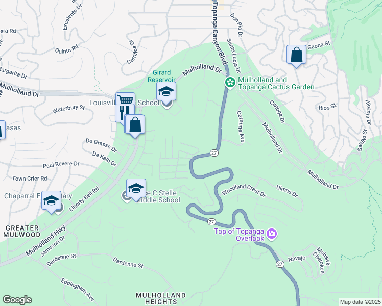 map of restaurants, bars, coffee shops, grocery stores, and more near 25 Park Drive in Topanga