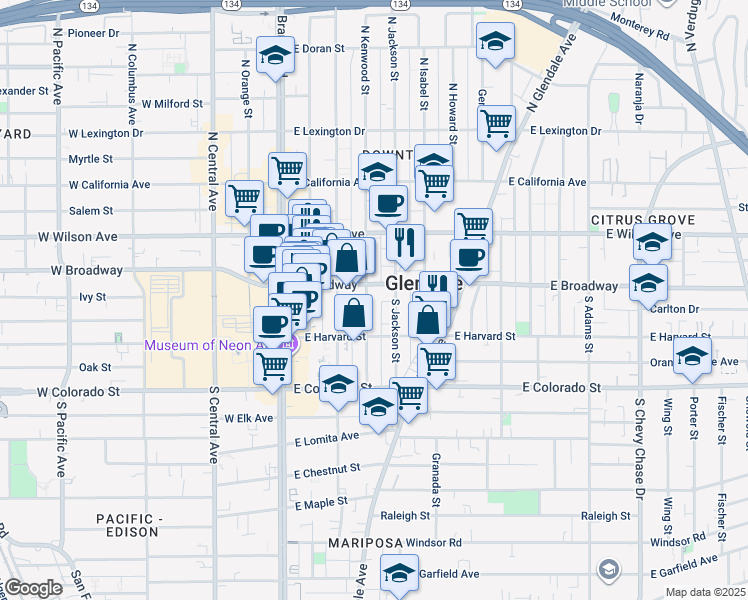 map of restaurants, bars, coffee shops, grocery stores, and more near 402 East Broadway in Glendale