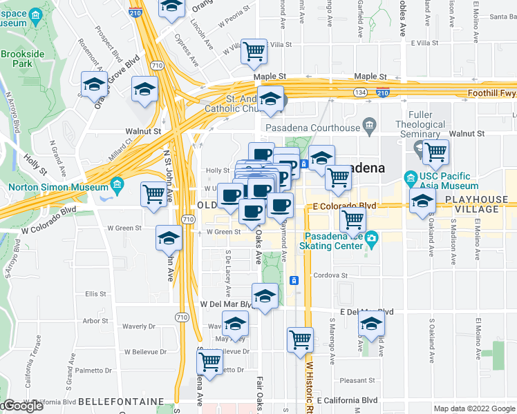 map of restaurants, bars, coffee shops, grocery stores, and more near 2 Fair Oaks Avenue in Pasadena