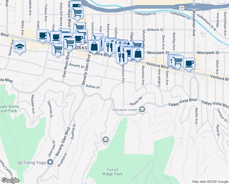 map of restaurants, bars, coffee shops, grocery stores, and more near 4148 Camino de la Cumbre in Los Angeles