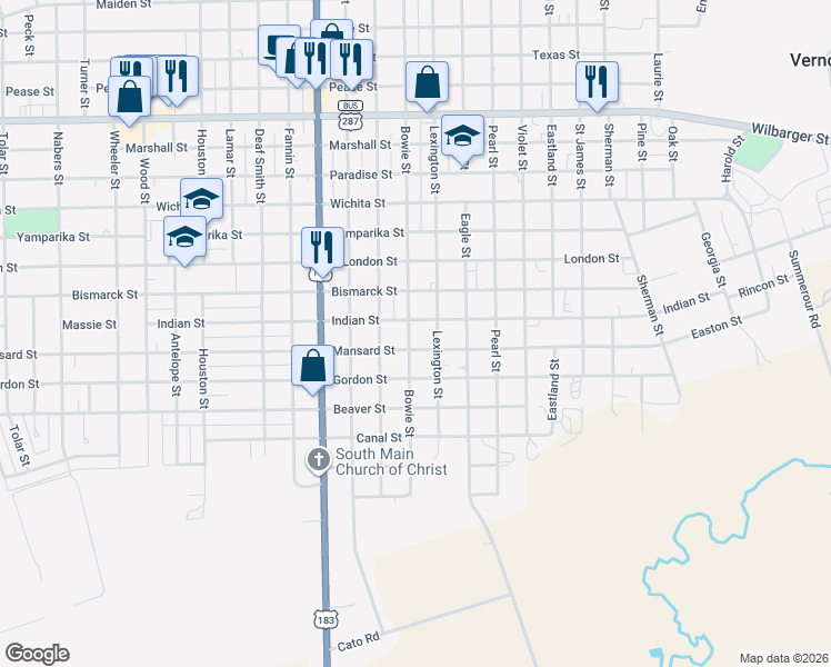 map of restaurants, bars, coffee shops, grocery stores, and more near 2509 Bowie Street in Vernon