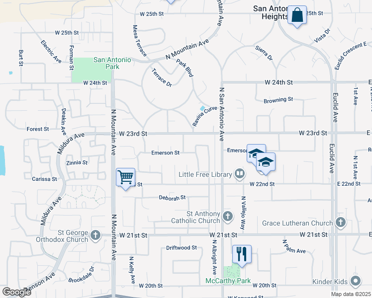 map of restaurants, bars, coffee shops, grocery stores, and more near 937 Emerson Street in Upland