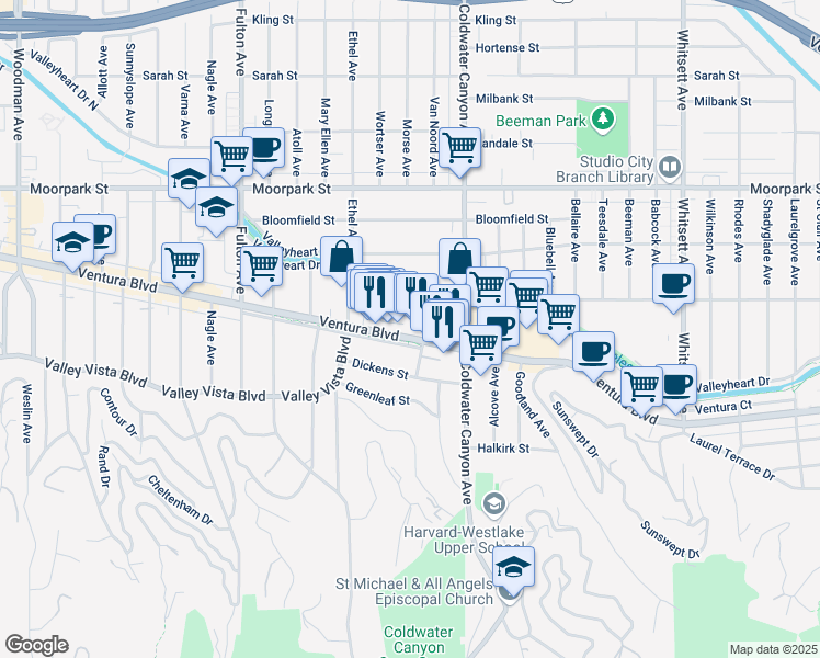 map of restaurants, bars, coffee shops, grocery stores, and more near 12963 Ventura Boulevard in Los Angeles