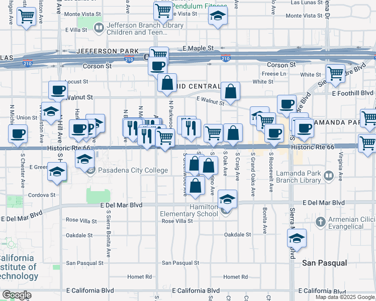 map of restaurants, bars, coffee shops, grocery stores, and more near 1936 East Colorado Boulevard in Pasadena