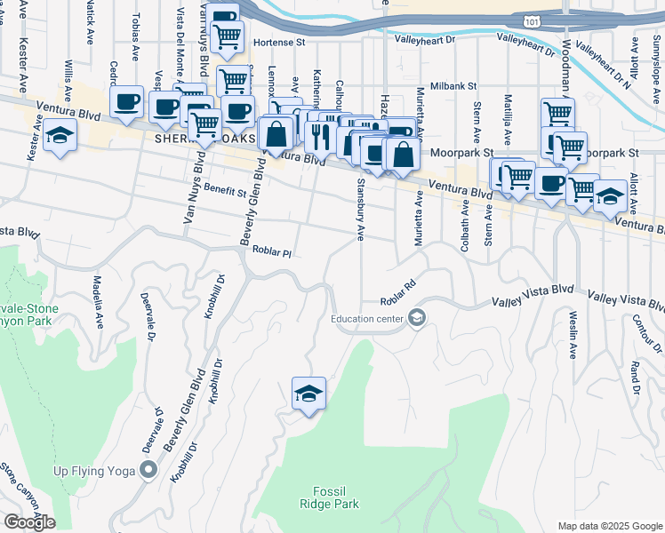 map of restaurants, bars, coffee shops, grocery stores, and more near 4148 Camino de la Cumbre in Los Angeles