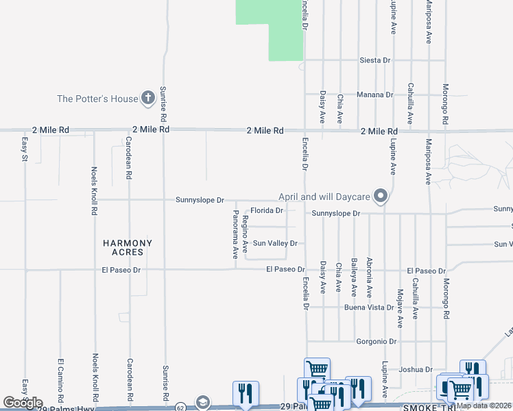 map of restaurants, bars, coffee shops, grocery stores, and more near 71528 Florida Drive in Twentynine Palms