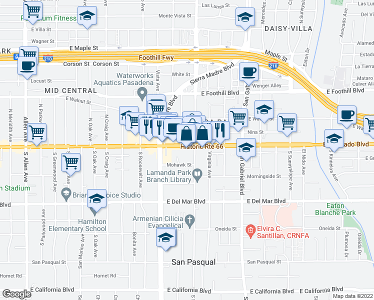map of restaurants, bars, coffee shops, grocery stores, and more near 2472 East Colorado Boulevard in Pasadena