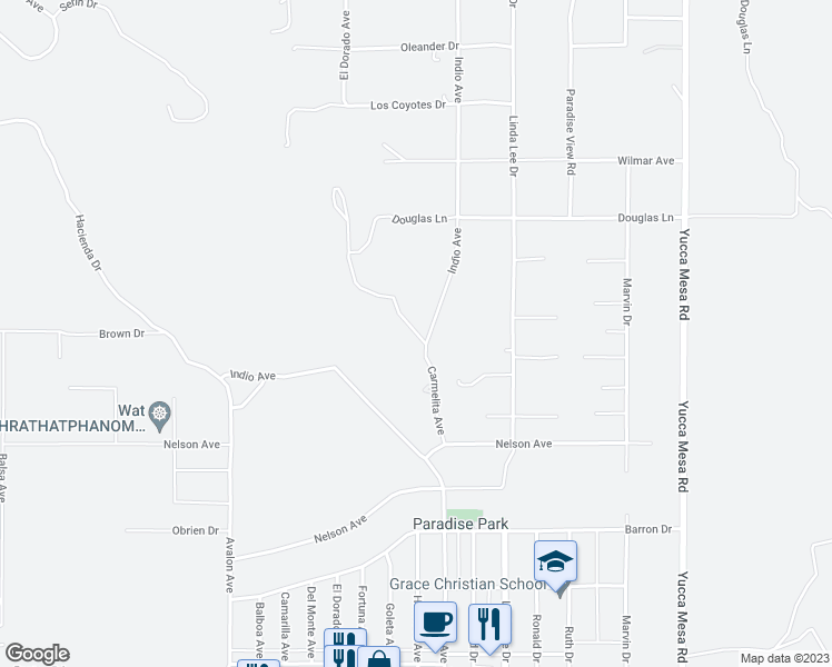 map of restaurants, bars, coffee shops, grocery stores, and more near Carmelita Avenue in Yucca Valley