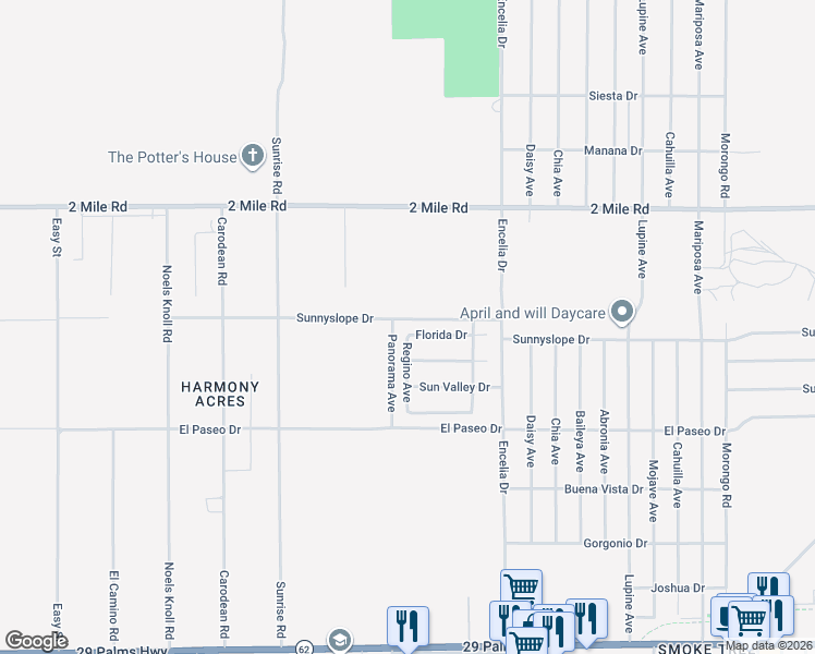 map of restaurants, bars, coffee shops, grocery stores, and more near 71502 Florida Drive in Twentynine Palms