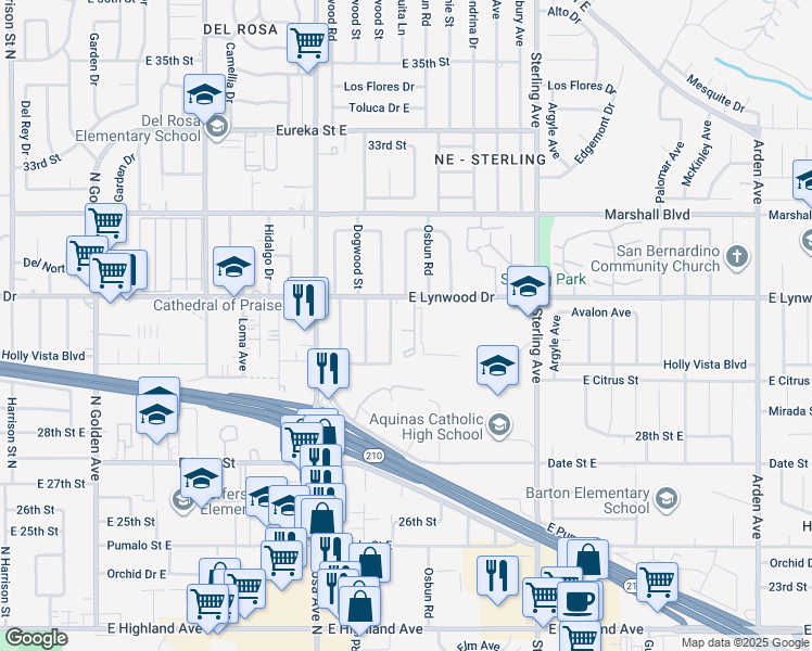 map of restaurants, bars, coffee shops, grocery stores, and more near 1777 East Lynwood Drive in San Bernardino