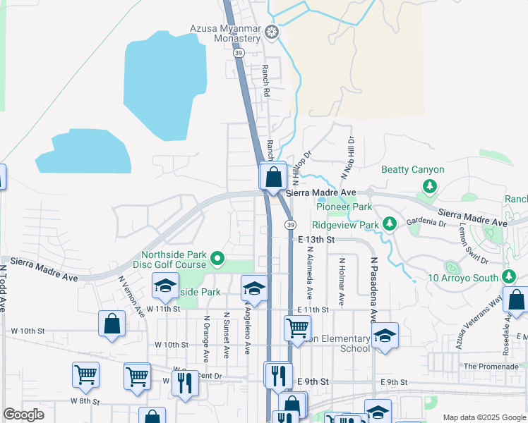 map of restaurants, bars, coffee shops, grocery stores, and more near 1345 North San Gabriel Avenue in Azusa