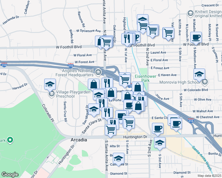 map of restaurants, bars, coffee shops, grocery stores, and more near 23 East Colorado Boulevard in Arcadia