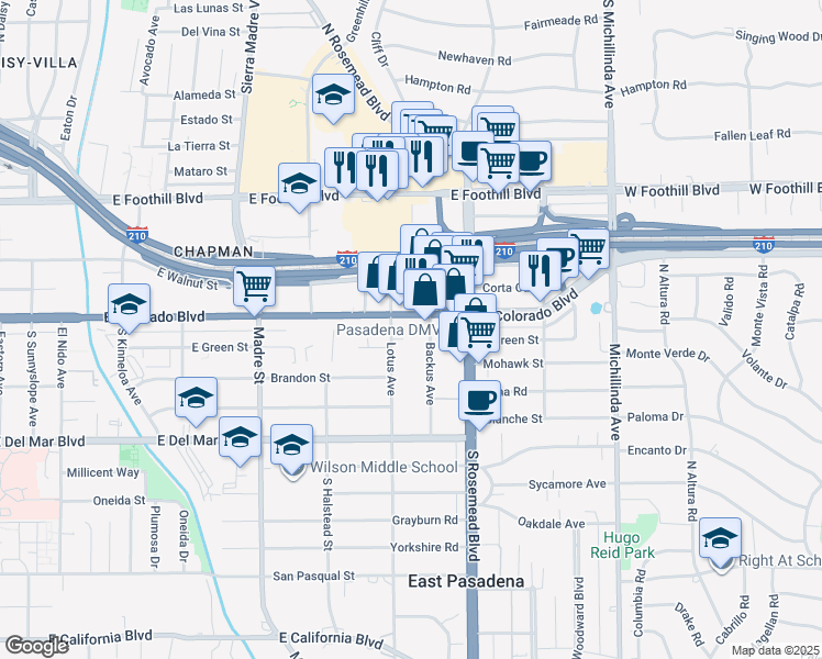 map of restaurants, bars, coffee shops, grocery stores, and more near 3624 East Colorado Boulevard in Pasadena