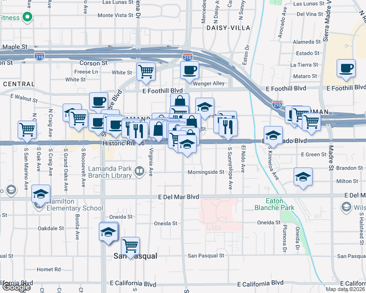 map of restaurants, bars, coffee shops, grocery stores, and more near 2680 East Colorado Boulevard in Pasadena