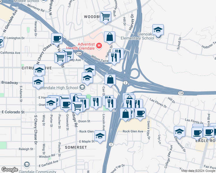 map of restaurants, bars, coffee shops, grocery stores, and more near in Glendale