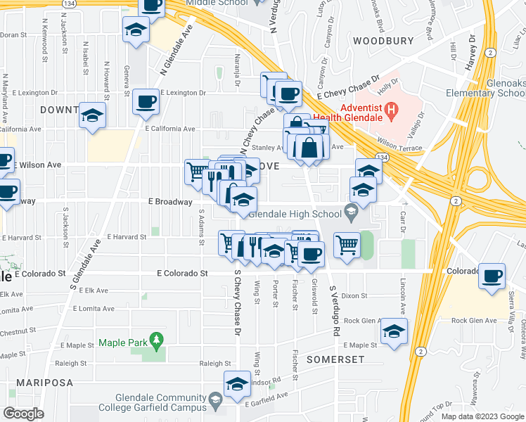 map of restaurants, bars, coffee shops, grocery stores, and more near 1300 East Broadway in Glendale