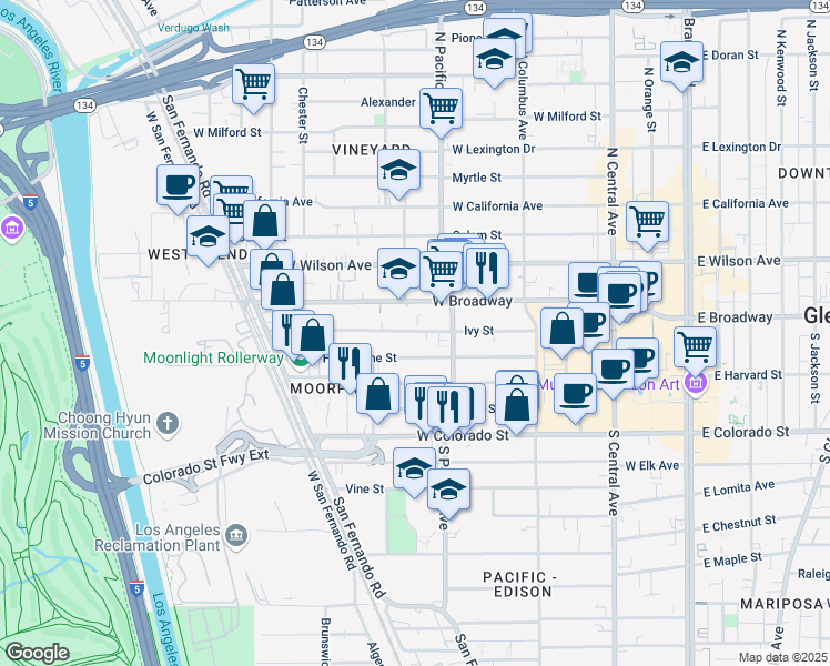 map of restaurants, bars, coffee shops, grocery stores, and more near 545a Ivy Street in Glendale
