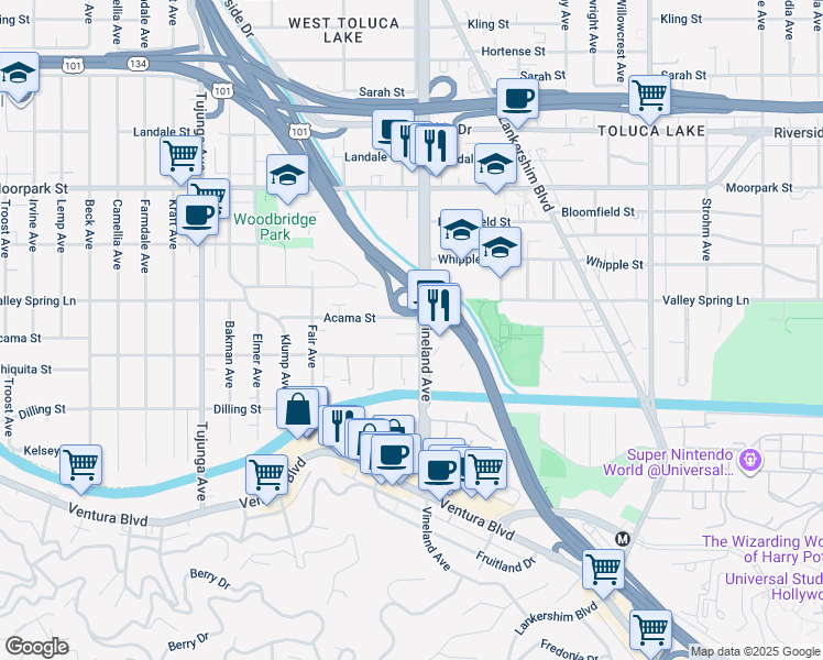 map of restaurants, bars, coffee shops, grocery stores, and more near 11014 Acama Street in Los Angeles