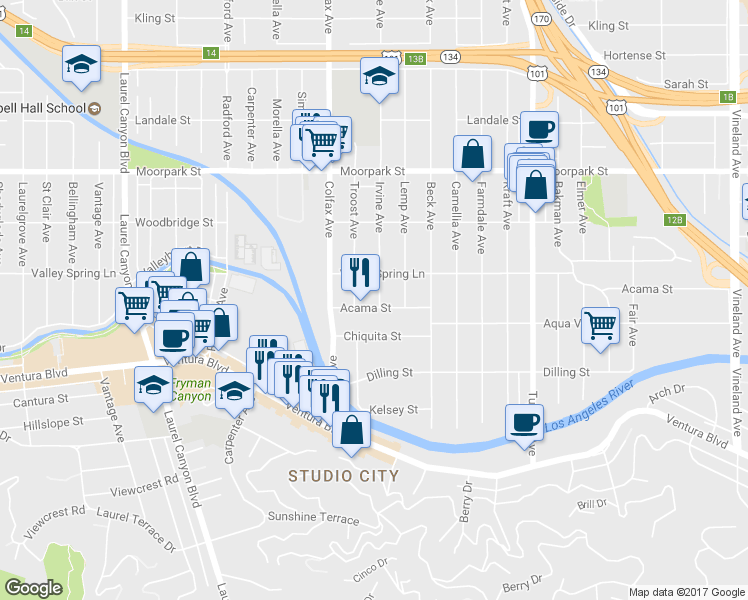 map of restaurants, bars, coffee shops, grocery stores, and more near 4217 Irvine Avenue in Los Angeles