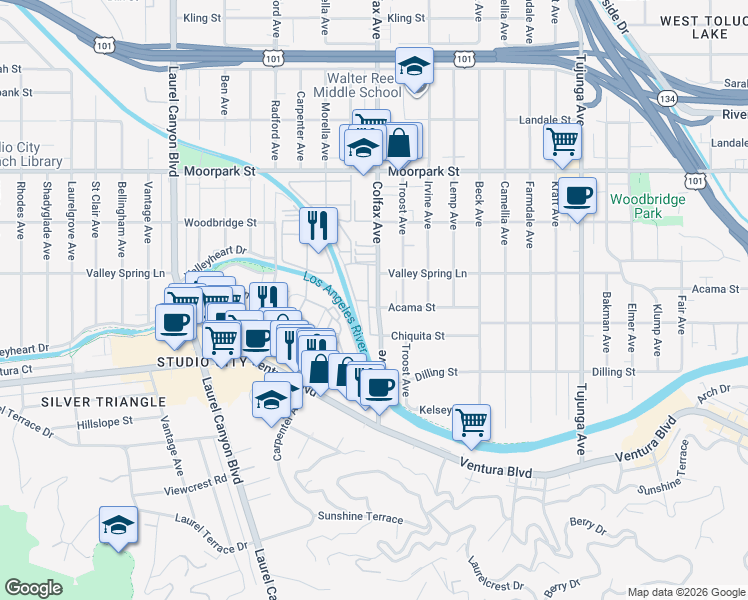 map of restaurants, bars, coffee shops, grocery stores, and more near 4220 Colfax Avenue in Los Angeles