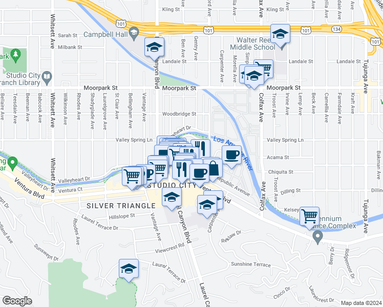 map of restaurants, bars, coffee shops, grocery stores, and more near 12036 Guerin Street in Los Angeles