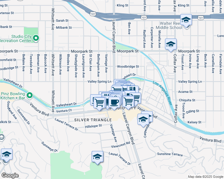 map of restaurants, bars, coffee shops, grocery stores, and more near 12127 Valleyheart Drive in Los Angeles