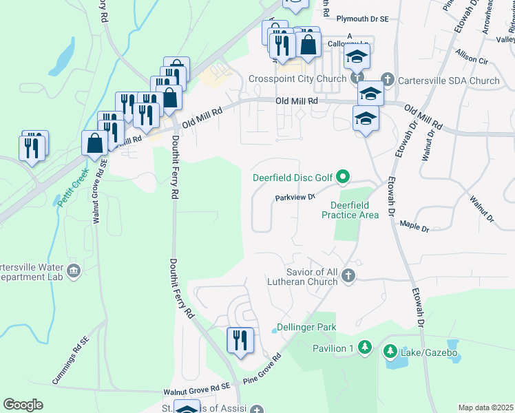 map of restaurants, bars, coffee shops, grocery stores, and more near 231 Parkview Drive in Cartersville
