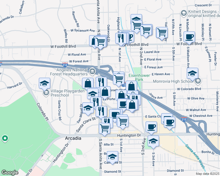 map of restaurants, bars, coffee shops, grocery stores, and more near 33 East Colorado Boulevard in Pasadena