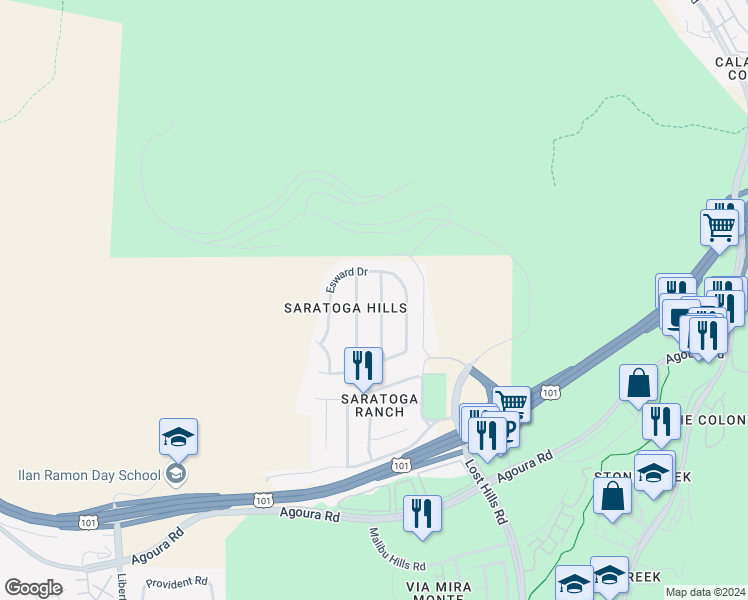 map of restaurants, bars, coffee shops, grocery stores, and more near 5325 Cangas Drive in Agoura Hills