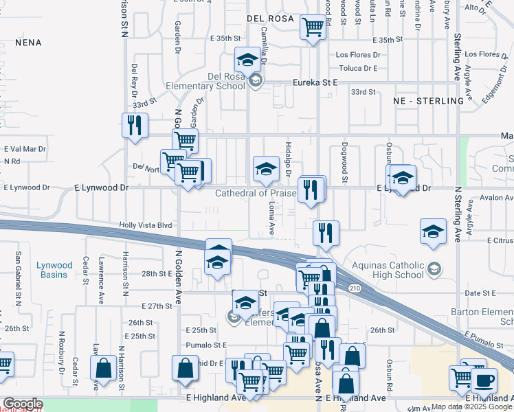 map of restaurants, bars, coffee shops, grocery stores, and more near 2995 Mountain Avenue North in San Bernardino