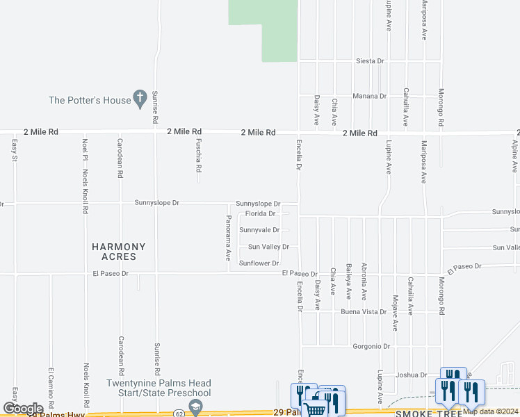 map of restaurants, bars, coffee shops, grocery stores, and more near 71554 Florida Drive in Twentynine Palms