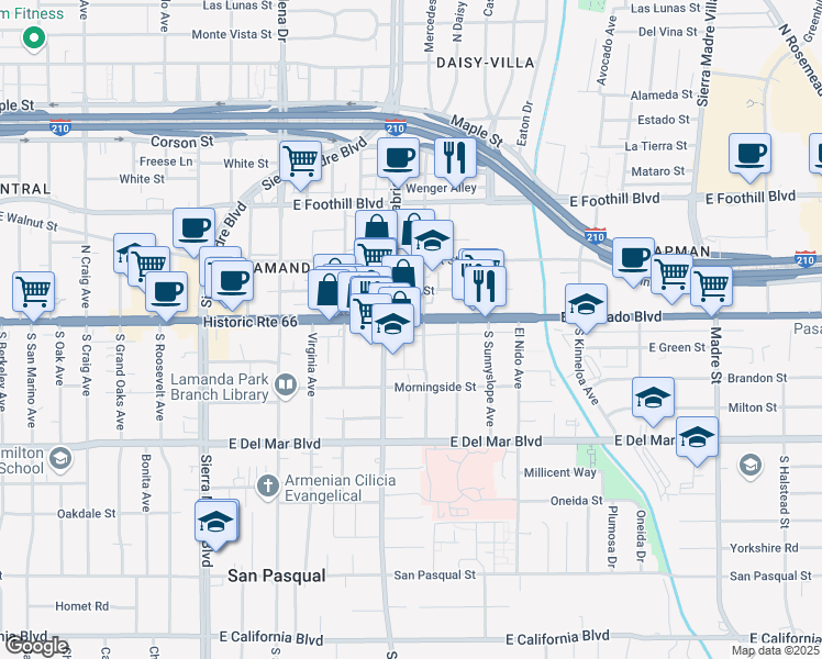 map of restaurants, bars, coffee shops, grocery stores, and more near 2748 East Colorado Boulevard in Pasadena