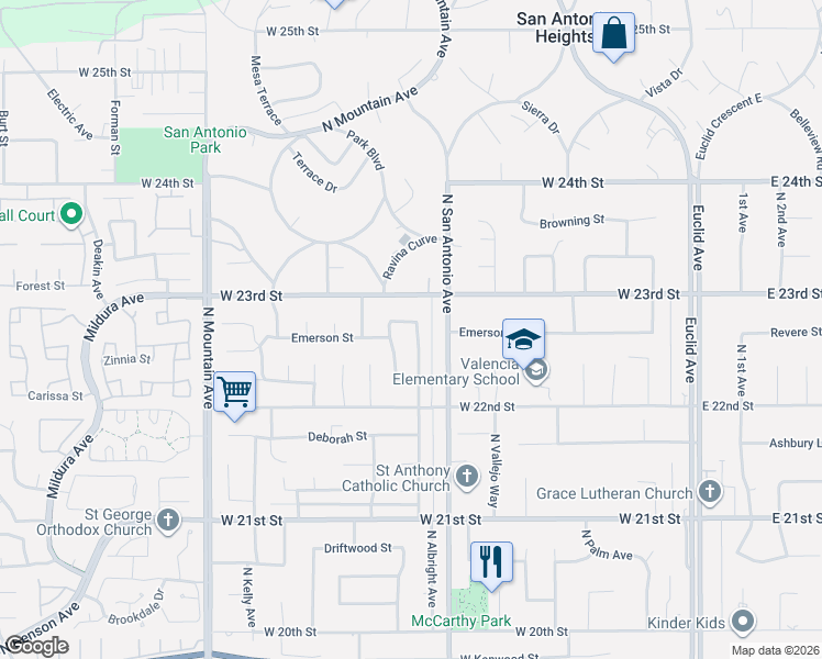 map of restaurants, bars, coffee shops, grocery stores, and more near 860 Emerson Street in Upland