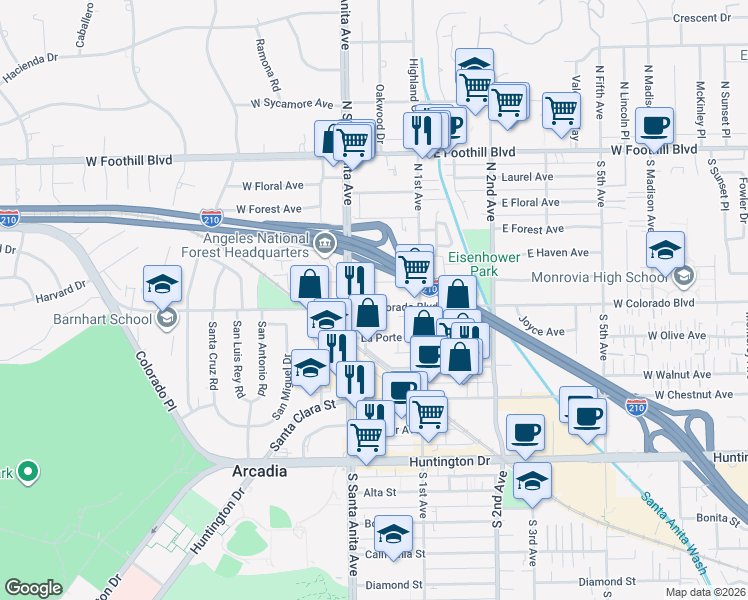 map of restaurants, bars, coffee shops, grocery stores, and more near 23 East Colorado Boulevard in Arcadia
