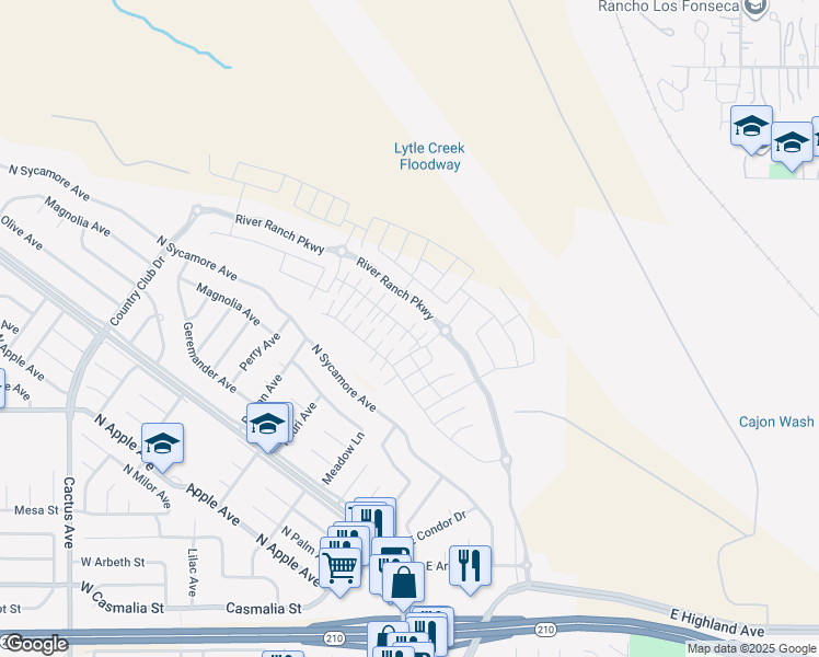 map of restaurants, bars, coffee shops, grocery stores, and more near 2461 Gunner Ridge Way in Rialto