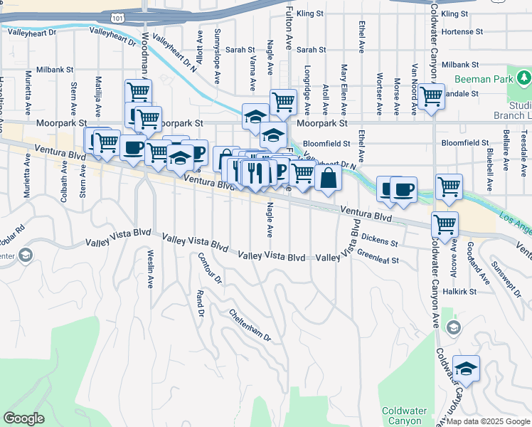 map of restaurants, bars, coffee shops, grocery stores, and more near 4172 Nagle Avenue in Los Angeles