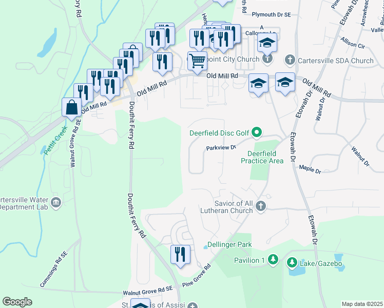 map of restaurants, bars, coffee shops, grocery stores, and more near 231 Parkview Drive in Cartersville