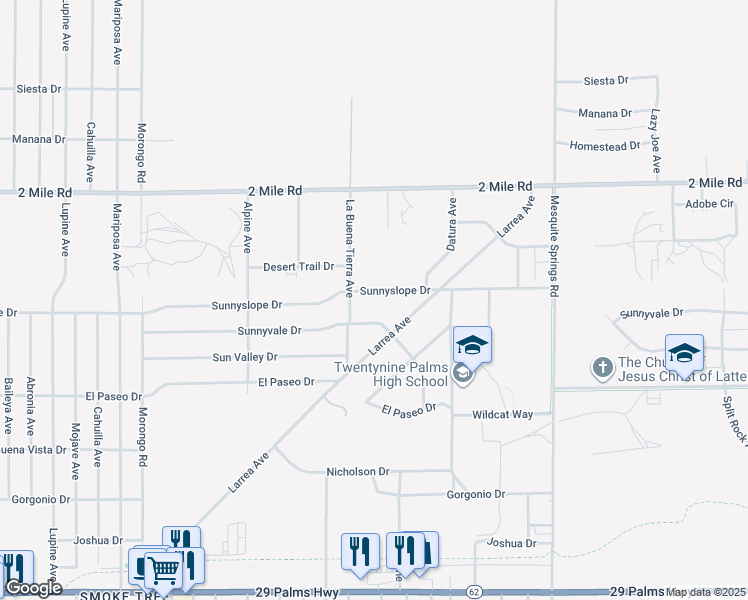 map of restaurants, bars, coffee shops, grocery stores, and more near 72547 Sunnyslope Drive in Twentynine Palms