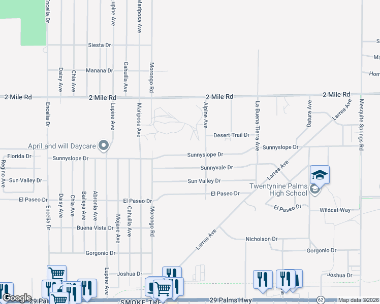 map of restaurants, bars, coffee shops, grocery stores, and more near 72244 Sunnyslope Drive in Twentynine Palms